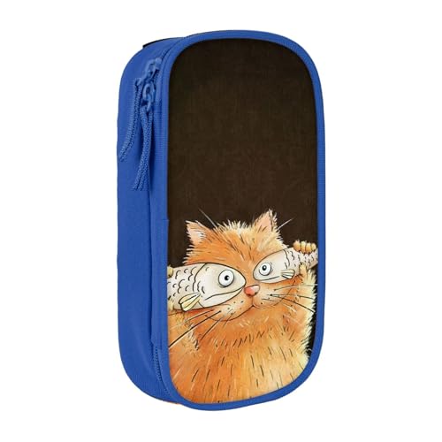 魚のメガネをかけている猫ペンケース 文具 ファッション 収納 筆袋 多功能 中の高校生 軽い量 男女通用 鉛筆の箱 学生 児童 誕生日 入学 贈り物 包 収納包 Blue