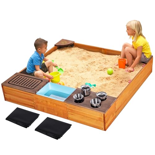 OHKIDS Sandbox with Cover, 2 in 1 Sandpit & Kitchen Playset, Outdoor Sand Box with Bottom Liner, PP Cover, Grill, Cooking Accessories, Toddlers Sandboxes for Backyard, Beach, Garden, Gift for Kids