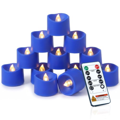 Image of Homemory 12-Pack Navy Blue Remote Flameless Tea Light Candles, 400+ Hrs | 2 /4 /6 /8H Timer LED Flickering Tealight Votives for Navy Weddings, Nautical Decor, Formal Events and Blue Gold Christmas