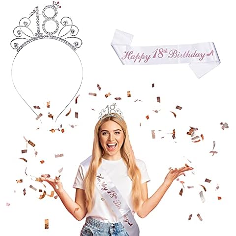 HAKOTOM 18th Birthday Sash and Crown Happy 18th Birthday Tirra Headband 18 Glitter Rhinestone Tiara Sash Set for Girls Women 18th Birthday Party Gift Decoration Cover