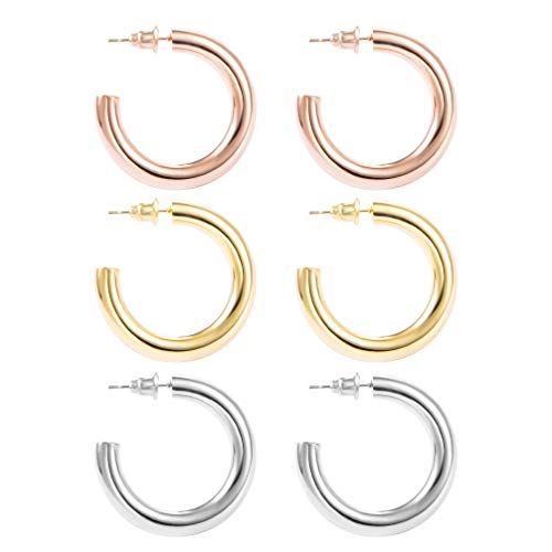 14K Gold White Gold Rose Gold Colored Lightweight Chunky Open Hoops- Gold Hoop Earrings for Women Girls (Gold tone Silver tone Rose gold tone 30mm)