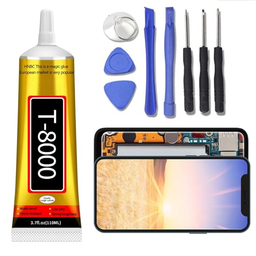 T8000 - Adhesivo multiusos para pantallas de teléfono móvil, 110 ml, resistente al agua y se puede pintar, fuerte adherencia y secado rápido, apto para madera, vidrio y cerámica (juego de maletero