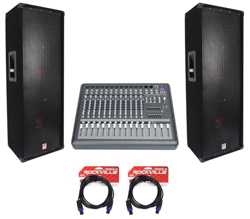 Rockville RSG12.24 Bundle: 2 x 12 2000W Passive DJ/Pro Audio Speakers, RPM1470 14-Channel 6000W Powered Mixer, 2 x RCSS1610 10 ft 16 AWG Speaker Cables, 5 Items