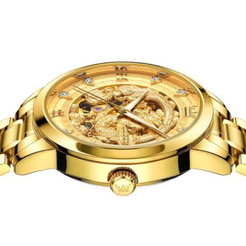 Image of OLEVS Dragon Skeleton Mens Automatic Watch 42MM Large Dial Gold Luxury Self-Winding Diamond Waterproof Stainless Steel Business Tourbillon Mechanical Watches