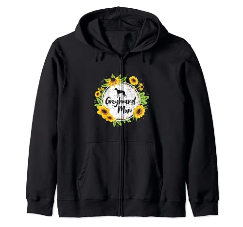 Sunflower: Sunflower Greyhound Mom - Dogs Sayings Zip Hoodie, Black