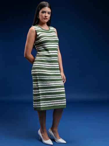 Image of Tokyo Talkies Women Tofu & Jet Black Sleveless Striped Sheath Sweater Dress