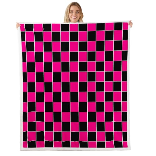 Image of Erosebridal Initial Letter F Sherpa Blanket Pink and White Checkered Fuzzy Plush Throw Cute Monogram Plaid Fleece Blanket for Kids Girls Women,Kawaii Gingham Grids Decor for Bed Couch 40 inchx50 inch