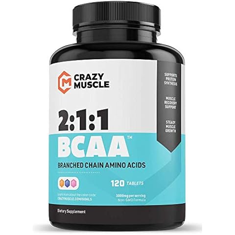 Crazy Muscle BCAA Pills with The Perfect 2:1:1 Ratio of Branched Chain Amino Acids Supplement - 1000mg of BCAAs per Pill (Better Than Capsules) by Crazy Muscle - 120 Tablets Cover