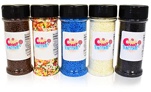 Sarah s Candy Factory Sprinkles Dessert Decorating 5 Variety Black-Blue-White-Rainbow-Brown Assortment Baking Supplies 4.5 oz (5 Pack)