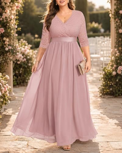 Image of Pinup Fashion Wedding Dresses for Bride Plus Size - Formal Evening Gown Wrap Neck Lace Chiffon Long Dress
