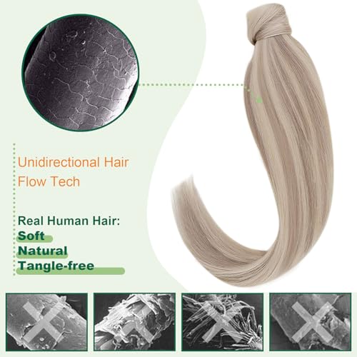 Image of Easyouth Pony Tails Human Hair Dark Blonde Mixed Bleach Blonde Ponytail Extensions - 14Inch 70g Invisible Wrap Around Ponytail Extension