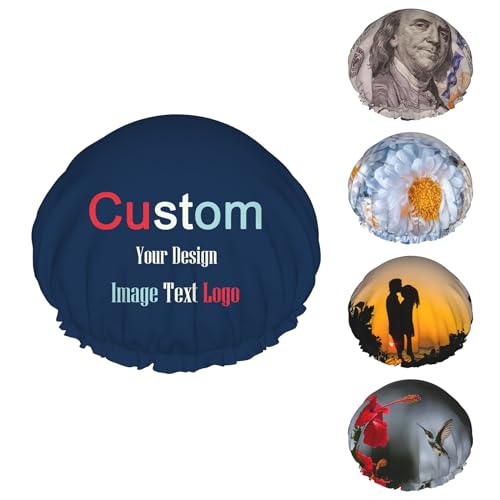 EastSail Custom Shower Caps Waterproof Reusable Bath Cap Peva Lining Adjustable Elastic Band Double Protection Layers Personalized Shampoo Cap For Women Girls Long Short Curly Hair