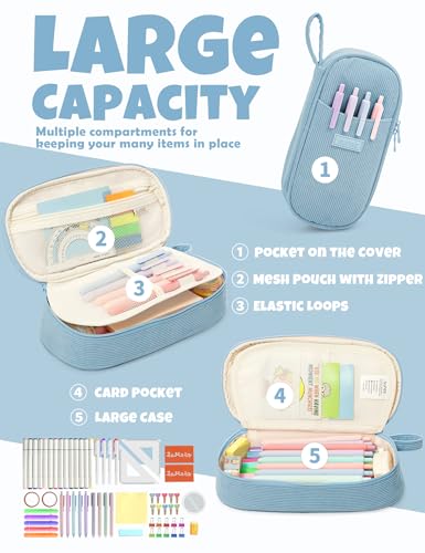 Image of SUNEE Cute Pencil Case, Large Pencil Pouch, Aesthetic Big Pencil Bag with Zipper, Kawaii Stationery Storage and Organizer, School Supplies for Teen and Adult, Boys&Girls, Soft Corduroy Grey Blue