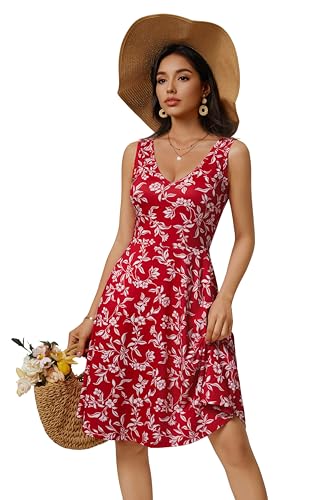 Image of HUHOT Womens Sleeveless V Neck Dress with Pocket Summer Beach Midi Flared Tank Dress