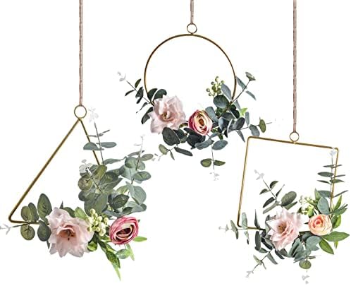Romase Set of 3 Artificial Floral Hoop Wreaths - Handmade Garland with Pink Clematis and Tea Rose Flowers Adorned with Green Eucalyptus Leaves for Wedding Backdrop Wall Decor