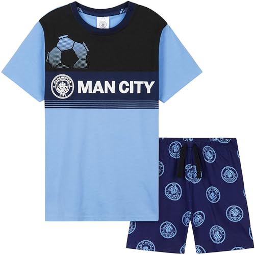 Image of MANCHESTER CITY F.C. Boys Short Pyjama Set Breathable Lounge Wear Man City Gifts (Black/Blue, 9-10 Years)