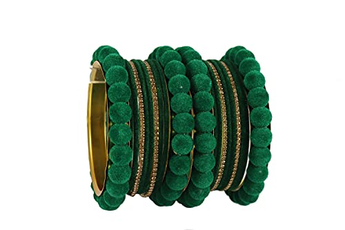 Image of NMII Stylish Metal with Golden Zircon Stone & Velvet Balls Bangles Set For Women and Girls | Fancy Designer Bangles | Short Velvet Chuda Set | Women's Fashion Jewellery