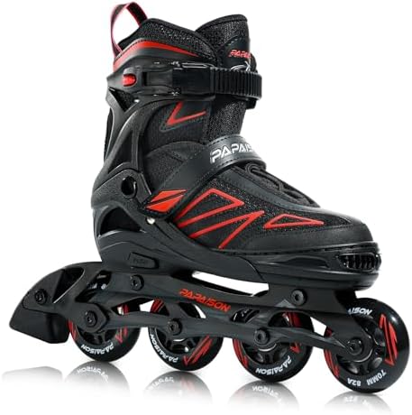 PAPAISON Boys Inline Skates Ages 5-8 8-12, Adjustable Size Beginner Roller Skates Blades for Kids Youth (Red, Medium - Big Kid (1-4 US))