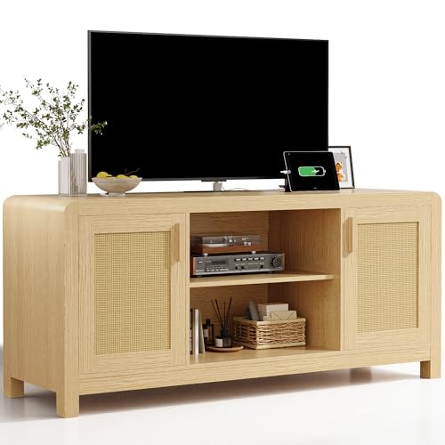 LIKIMIO TV Stand with Power Outlet for TVs up to 65 Entertainment Center with Rattan Doors Storage & Adjustable Shelves Cord Holes Modern Media Console for Living Room Natural