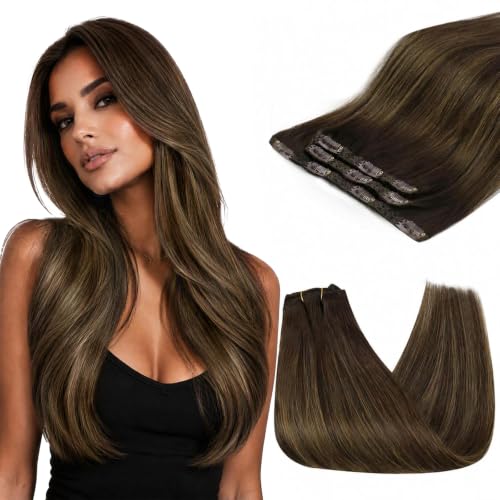 Sunny Hair Clip in Hair Extensions Real Human Hair Dark Brown Balayage
