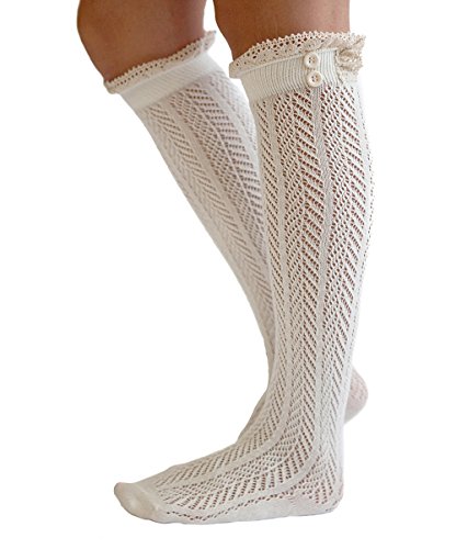 Lace Boot Socks Knee High Socks Ruffled Lace Trim & Buttons Leg Warmers for Boots
