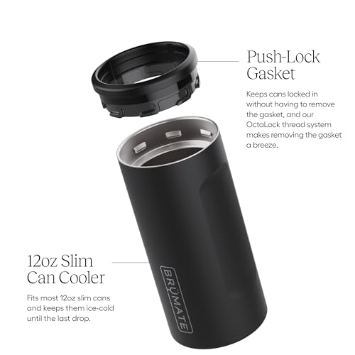 Image of BruMate Hopsulator Slim Can Cooler Insulated for 12oz Slim Cans | Skinny Can Insulated Stainless Steel Drink Holder for Hard Seltzer, Beer, Soda, and Energy Drinks (Black Stainless)