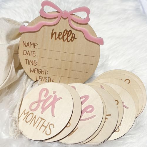 Image of 3D Monthly Baby Milestone Cards, 13 Wooden Baby Milestone Discs, Monthly Milestone Cards with Birth Announcement Sign – 'Hello World' & 1-12 Month Baby Age Markers for New Parents