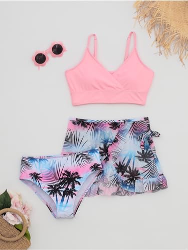 Kids Girls 3Pcs Floral Print Swimsuit Padded Bra Bikini Top with Bottoms Beach Holiday Tankini Bathing Suit3