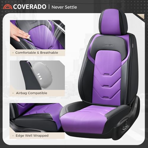 Image of Coverado Car Seat Covers, 2 PCS Front Seat Covers, Black&Purple Leather Seat Cover for Car, Waterproof Car Seat Protector, Automotive Seat Cover Car Seat Cushion Universal Fit for Most Sedan SUV Truck