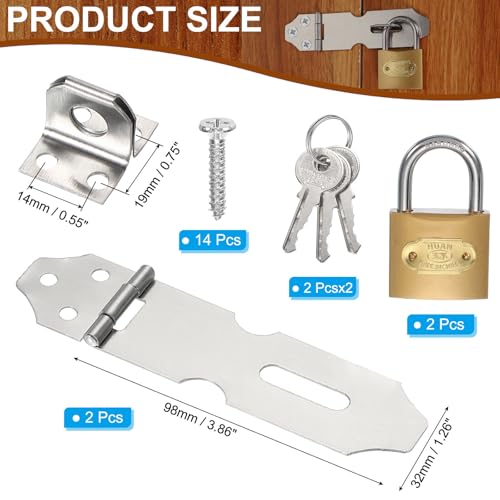 Image of PATIKIL Door Lock Hasp Latch 3.9 Inch,2 Set Stainless Steel Safety Hasp Lock Clasp Hinge Packlock(38mm) with Screws /Key for Door Gate Cabinet Closets, Silver