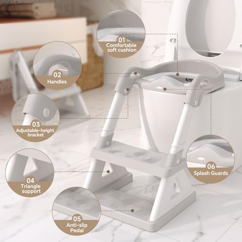 Potty Training Seat Toilet Seat for Toddler 2 in 1 Potty Chair with Splash Guard Step Stool Ladder Collapsible Anti-Slip Foldable Toilet Training Seat for Kids Boys and Girls (Grey)