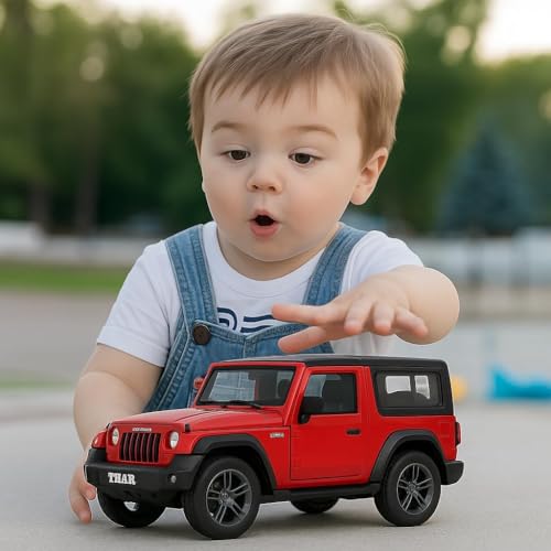 Image of MAKET Mahindra Thar 4x4 Toy Car - 1:32 Scale Die-Cast Metal SUV Model | Collectible Jeep Toy with Pull Back Action, Openable Doors & Rubber Tyres | Kids & Car Lovers (Red)
