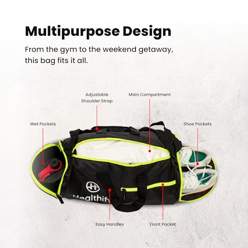 Image of HealthifyMe Gym Bag for Men & Women with Seperate Shoe Compatment, Water-Resistent Duffel Travel Bag, Adjustable Shoulder Bag for Gym Workout, Wet Pocket, Premium Unisex Sports Bag for Towel, Bottle