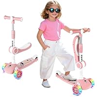 Kids Scooter-3 Wheel Foldable Kids Scooters with Removable Seat and LED Flashing Wheels, 3 Adjustable Height for Boys and Girls Ages 3-8, Extra Wide Non-Slip Deck, Big Wheels, Easy to Handle (Pink)