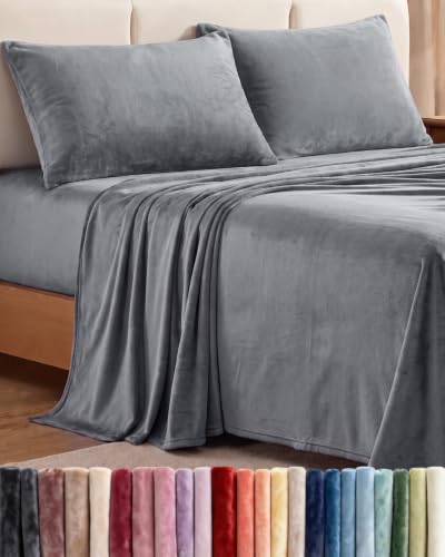 Image of Fleece Sheets Cal King Size Set - 4-Piece Flannel Sheet Set - Dark Grey