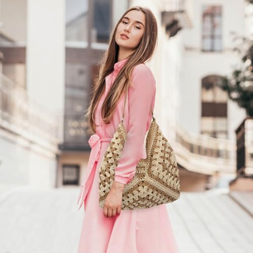 Image of Ayliss Straw Beach Bag Bucket Tote Handbag Women Shoulder Bag Hand Woven Summer Beach Purse Weaving Beach Bucket Bag
