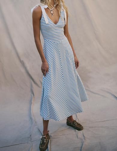 Image of Women Casual Summer Dresses Smocked V Neck Beach Dress Striped Sleeveless Sundress Flowy Long Dress with Pockets Blue White