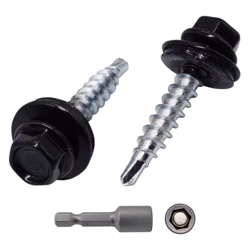 (Pack of 250 pcs) Metal Roofing Screws, 3/16 x 1-3/8 (4.8 x 35 mm) Painted Self-Drilling Screws with EPDM Washers, Sheet Metal Hex Screw, Jet Black RAL 9005