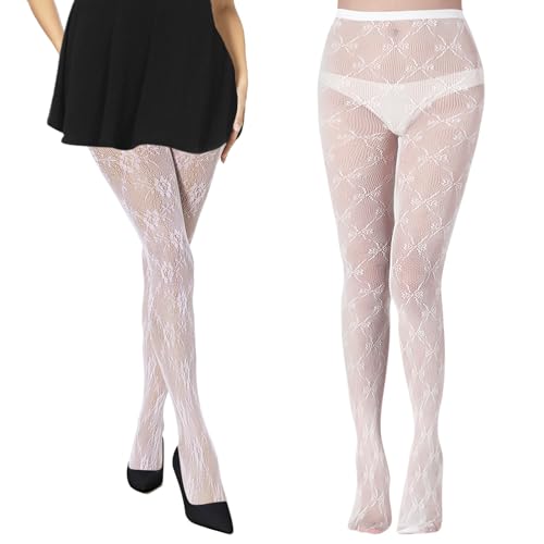 HZHSGLY Lot de 2 collants blancs en dentelle à motifs résille pour femme (fleur + nœud), blanc,...