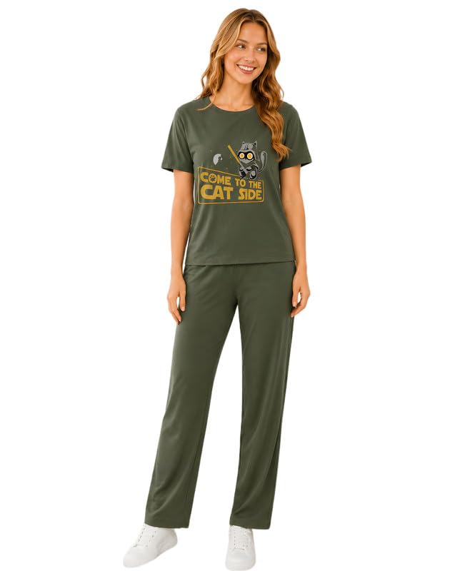elvia Women's Pure Cotton Top and Pyjama Co-Ord Set | Printed Night Suit | Regular Fit Half Sleeve Round Neck T-Shirt with Pajama Loungewear Sleepwear Set for Women (Olive, S)-picture-28