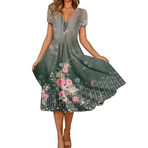 Sommerkleid Damen， V-Ausschnitt Blumen Bedruckt Kurzarm Maxikleid A...