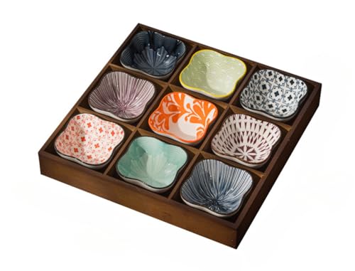 Conutoo 小皿セット 和風 9点セット 陶器 仕切り付き 深型 竹トレイ付き 前菜皿 盛り鉢 醤油皿 小鉢 和食器 セラミック 火鍋 焼肉 寿司 食洗機対応 天然木 調理器具 (パレット9枚+フローラル・ディスク9枚)