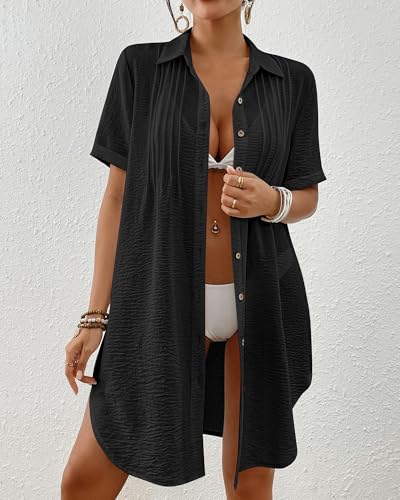 Bsubseach Swimsuit Coverup for Women V Neck Bathing Suit Cover Up Short Sleeve Causal Bikini Button Down Shirt4