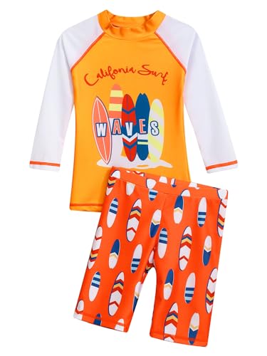 Yruioon Boy Swimming Costume Two Piece Rash Guard Swimsuits Kids Long Sleeve Sunsuit Swim Trunks with Tops Set Orange 5-6 Years