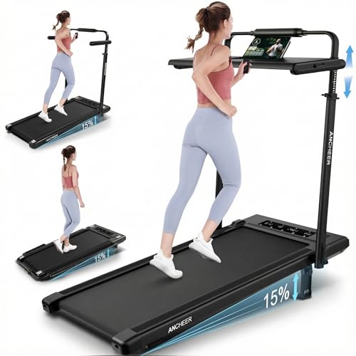 Image of Treadmill with Desk Workstation & Adjustable Height, 450 lbs Weight Capacity, Folding Incline Treadmill with Handle Bar, Portable Ultra-Quiet 3.5HP Walking Pad Treadmill with Desktop for Home Office