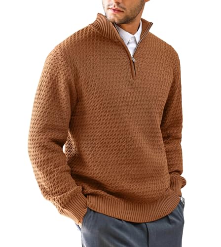 Yeuyyben Men's Sweater Winter Casual Knitted Zip Sweater Mock Neck Pullover Ribbed Knit Casual Soft Sweaters