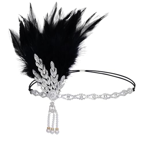 1920-talet flapper-pannband, fjäder huvudbonad huvudbonad, 20-talet vintage strass hårdekoration, för kvinnor flickor karneval temakostym avslutningsbal party dekoration (svart)