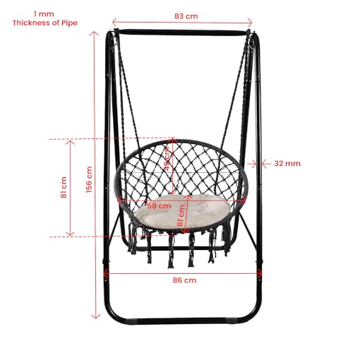 Image of Dolphy Hammock Chair | Stand with Backrest Hanging Swing Chair | Extended Macrame Hanging Cotton Rope Chair with a White Pillow for Adults, Kids | Indoor and Outdoor(Black)