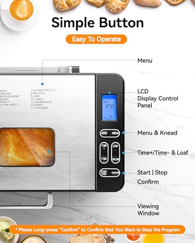 EUHOMY Bread Maker Machine 13 Program 2LB Bread Maker, Bread Machine with 3 Loaf Sizes and 3 Crust Colors, Breadmaker with Fruit & Nut Dispenser,Ideal for Family Gifts, Gluten Free