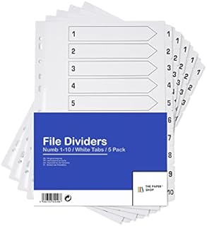 [5 Pack] A4 File Dividers 10 Part Numbered 1-10 White Tabs | A4 Subject Dividers 10 Part Numbered 1-10 with Multipunched Reinforced White Tabs 150gsm